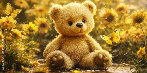 A charming teddy bear sits amidst a vibrant field of yellow flowers, surrounded by fluttering butterflies, capturing a serene moment of joy and innocence in a sunlit garden