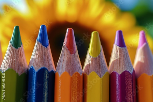 Colorful Pencils Arranged in Vibrant Display Against a Bright Floral Background