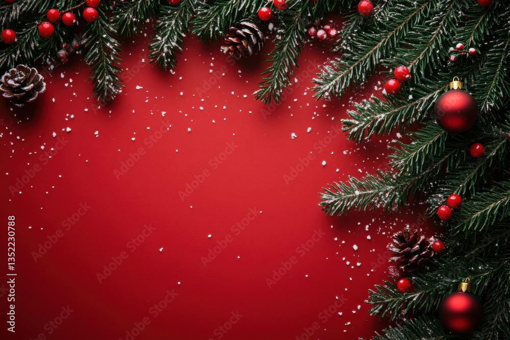 Christmas tree branches adorned with red balls and dusted with snow set against a vibrant red background. Christmas tree branches adorned with red balls and dusted with snow set against a vibrant red background.
