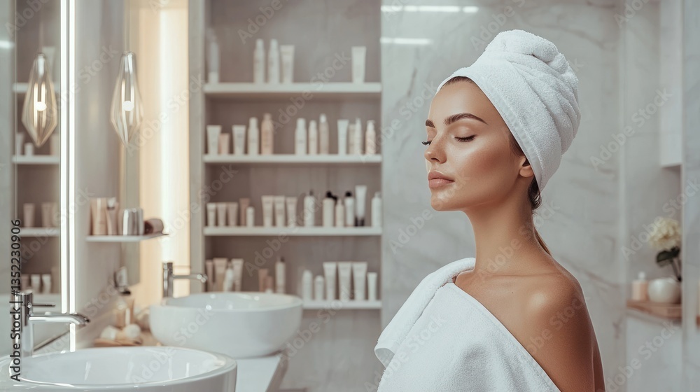 Relaxing Woman in Spa with Towel and Calm Expression in Bathroom Relaxing Woman in Spa with Towel and Calm Expression in Bathroom