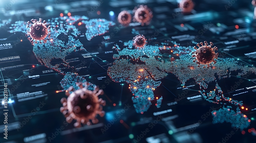 Fototapeta premium Global epidemiology network with scientists analyzing virus data interactive digital map 3D isometric illustration