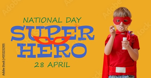 Banner for National Superhero Day with funny little boy