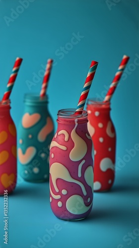 Colorful Milkshake Bottles With Whimsical Designs on a Blue Background