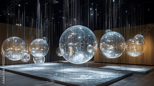 Crystal spheres illuminated in dark room.