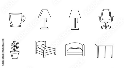 Home Furnishing Essentials: A minimalist collection of hand-drawn illustrations representing essential home furnishing elements, perfect for interior design projects or any creative endeavor.