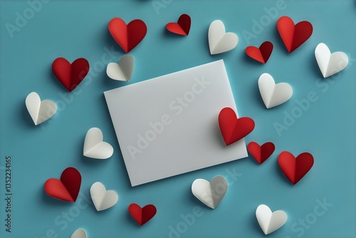 Colorful Paper Hearts Surrounding a Blank Card on a Blue Background for a Rom...