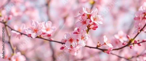 Delicate pink blossoms in full bloom against a soft spring background, floral background, background
