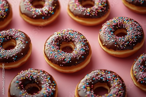 Sweet Glazed Donuts With Colorful Sprinkles Arranged on a Pink Background for...