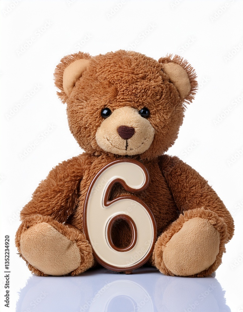 Obraz premium Cute brown teddy bear with number 6, kids sixth birthday party. Stuffed animal isolated on white background