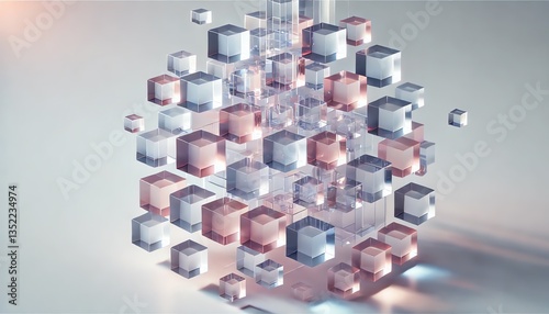 A minimalistic and futuristic design featuring floating translucent geometric shapes, primarily cubes and rectangular prisms