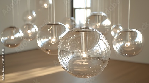 Glass sphere pendant lights illuminating a modern interior.