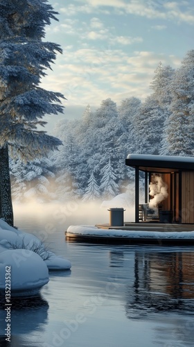 Cozy Cabin by the Lake in a Snowy Forest During Winter Twilight