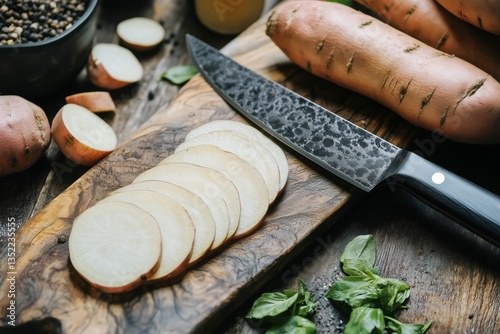 Sliced Root Vegetables on Wooden Board With Knife and Sweet Potatoes in Backg...