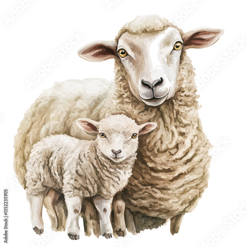 A watercolor vector painting of a mother sheep with her kid, isolated on a white background. Mother sheep vector.

