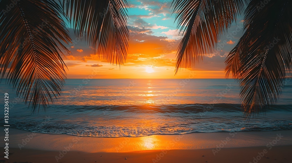 Fototapeta premium Dusk Outdoors Panorama, Breathtaking golden sunset over a tranquil tropical beach