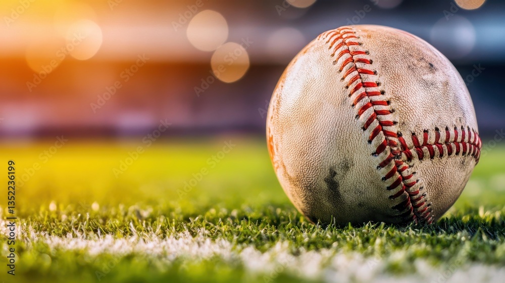 A close-up view of a baseball resting on a green grass field, illuminated by soft sunlight. This image captures the essence of outdoor sports and recreation.