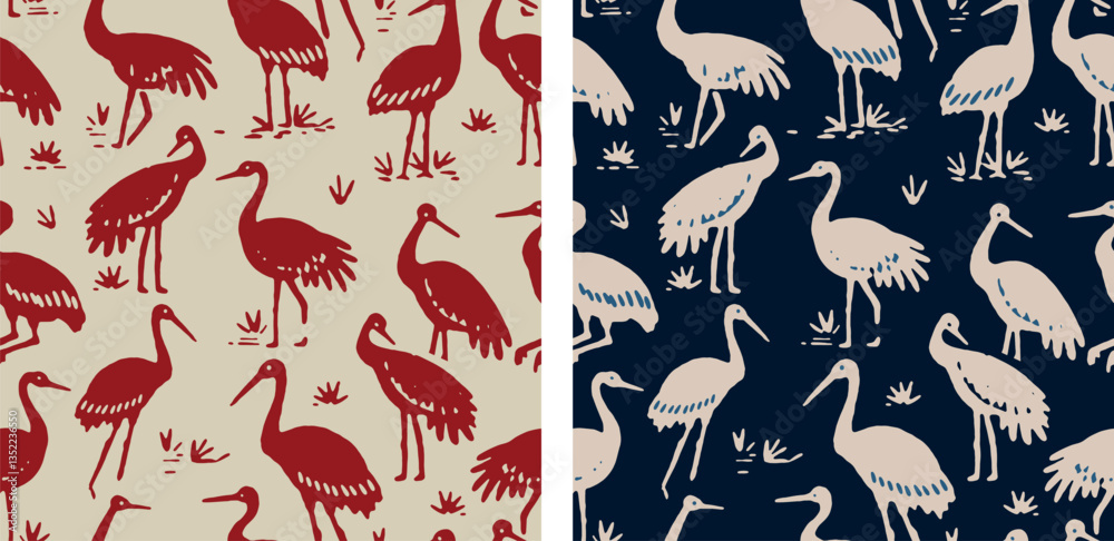 Fototapeta premium Japanese Chinese Crane Bird Seamless Pattern Vector Illustration Set Nature Animal Motif