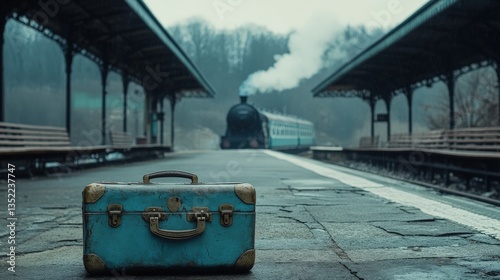 Vintage suitcase sits on a deserted train platform, a steam train departing in the background.  A nostalgic scene of travel and journeys.