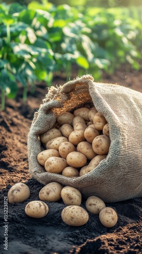 Harvested Potatoes Spill From a Burlap Sack Onto Rich Soil in a Lush Garden S...