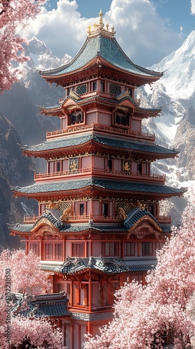 Majestic Asian pagoda nestled in a blossoming cherry tree grove against a mountain backdrop.