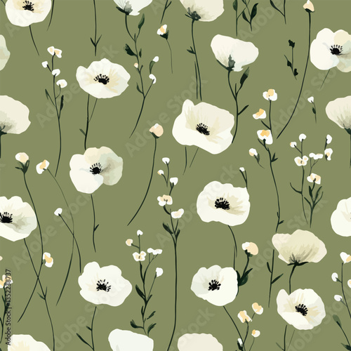White wildflowers on an olive green background, Watercolor print in rustic vintage style, textile or wallpapers.