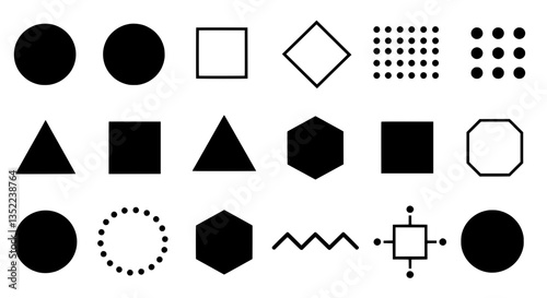 Geometric Harmony: An assortment of geometric shapes, forms and patterns come together in a visually engaging display of design elements. It's a study in the interplay of simple yet powerful figures.