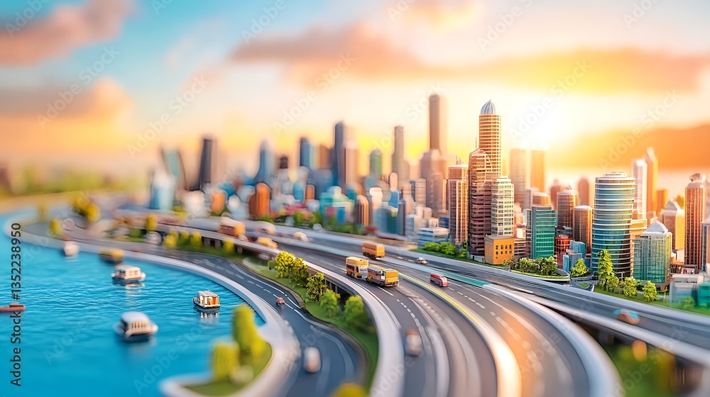 Fototapeta premium Urban Skyline at Sunset Showcasing Sustainable Architecture in City