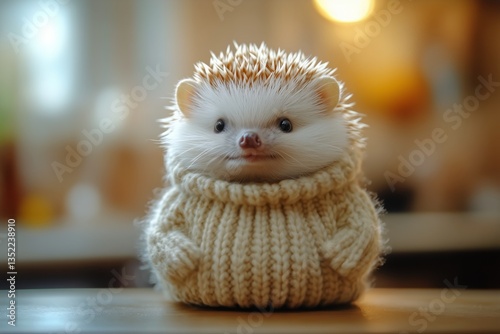 Cute Hedgehog in Cozy Sweater With Warm Bokeh Lights Creating a Joyful Ambian...