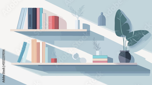 A digital illustration depicts a minimalist interior scene featuring two floating white shelves against a light blue wall. The shelves hold a collection of books in pastel colors, a few small