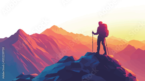 Digital illustration depicting a stylized silhouette of a hiker standing on a rocky mountain peak at sunrise or sunset. The style is low-poly or vector-based, with bold, saturated colors in shades