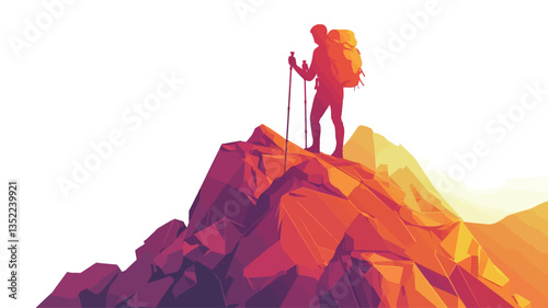 The image is a vector illustration depicting a low-poly style silhouette of a hiker standing on the summit of a mountain. The hiker is carrying a backpack and using trekking poles. The mountain is