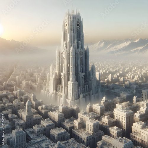 white ancient city with skycraper mountain bird flying background