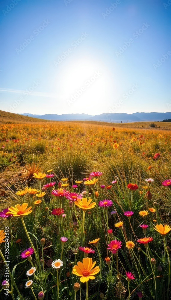Obraz premium Vibrant sun-drenched landscape with wildflowers and a clear blue sky, design, illustration
