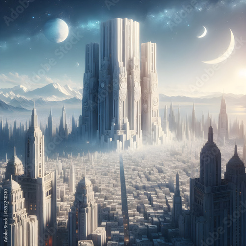 white ancient city with skycraper moon