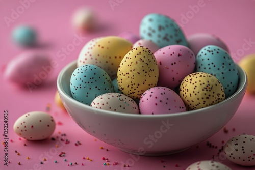 Colorful Speckled Eggs in a White Bowl on a Pink Surface for Spring Celebration