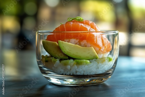 Elegant Sushi Dish With Salmon and Avocado Served in a Glass Cup at a Modern ...