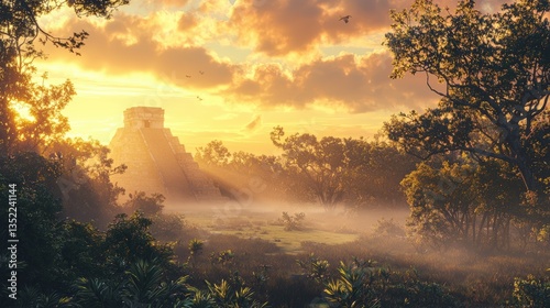 Fototapeta Naklejka Na Ścianę i Meble -  a Mayan temple in the jungle at sunrise 
