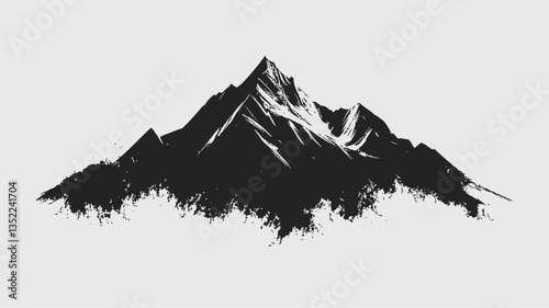 A stylized illustration of a mountain peak rendered in monochrome. The image utilizes a predominantly black and white color palette with varying shades of gray to suggest texture and depth. The