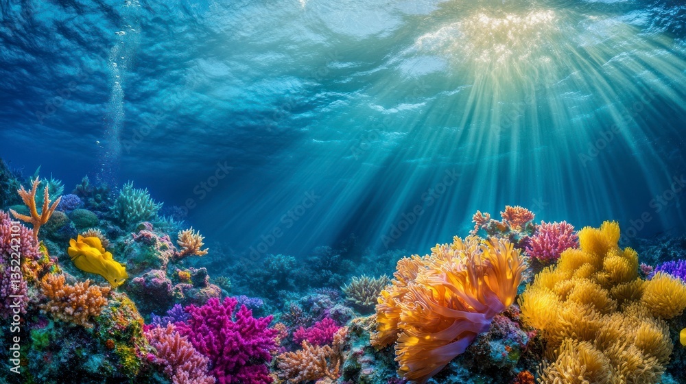 Naklejka premium Underwater Coral Reef with Sunlight Rays Marine Ecosystem Colorful Scene
