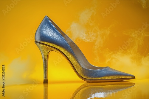 Elegant High Heel Shoe With Metallic Finish on a Vibrant Yellow Background Du...