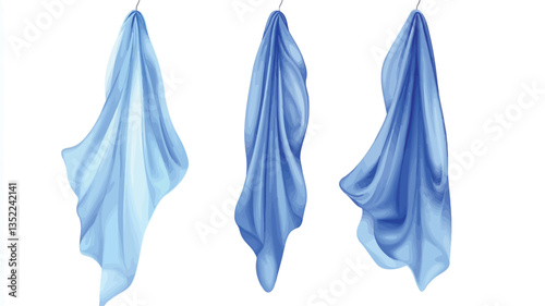 Digital illustration of three pieces of light blue fabric, seemingly silk or satin, hanging vertically against a white background. Each piece is draped differently, showcasing various folds and