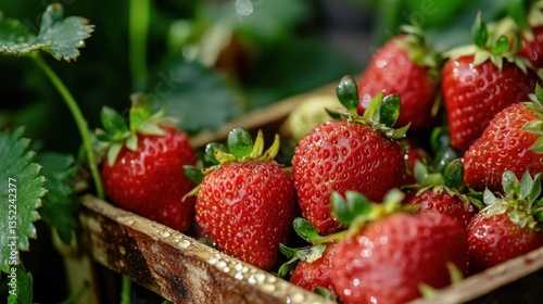 Life in the fields and countryside, agriculture, farming. Closeup of Fresh Red Strawberries in Wooden Crate