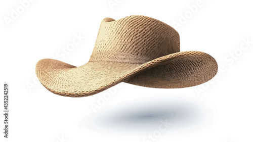 A digital illustration of a beige cowboy hat, seemingly made of woven straw, is presented against a pure white background. The hat is slightly angled, showcasing its brim and crown. A subtle shadow