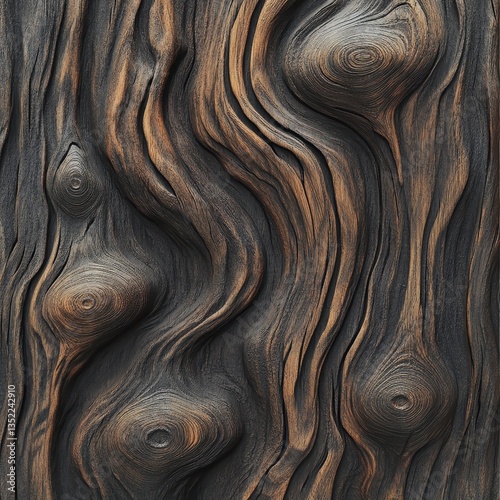 Detailed close up photograph depicts a textured wooden surface pattern
