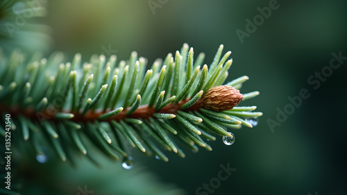 Fresh Spruce Branch with Dew Drops Close Up
