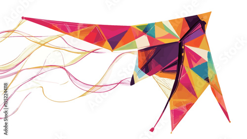 The image shows a kite in flight against a white background. The kite is predominantly composed of various sized triangles in bright, saturated colors including pink, purple, orange, yellow, and