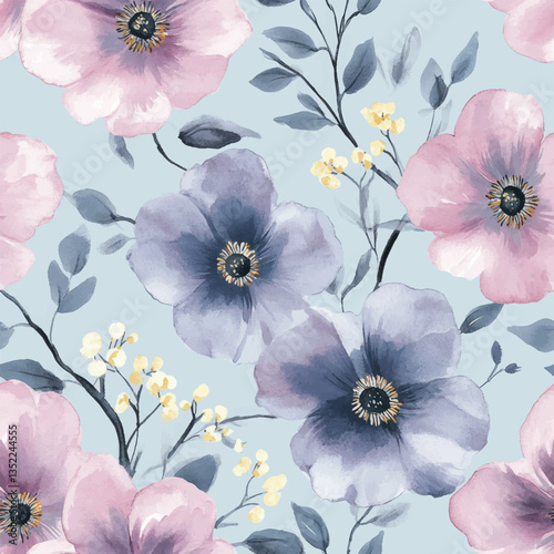 Beautiful pastel blue and pink floral pattern, with anemones and daisies. Watercolor print in rustic vintage style, textile or wallpapers.