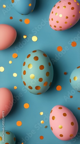 Colorful Decorated Eggs and Shiny Confetti on a Blue Background for Festive C...