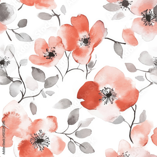 Watercolor coral and gray floral pattern on a white background, Watercolor print in rustic vintage style, textile or wallpapers.