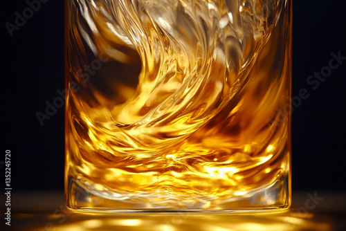 Elegant swirl of amber whiskey captured in a glass with intricate design highlighting the rich textures at a low light setting photo